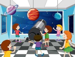 niños mirando el planeta con telescopio en el observatorio vector