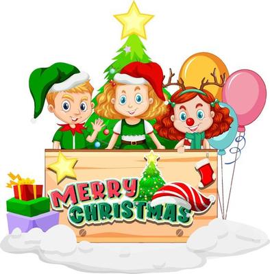 Merry Christmas board with children in Christmas costumes