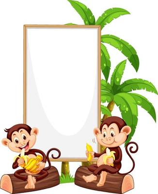 Blank wooden signboard with monkey catoon