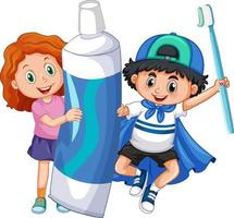 Children holding toothpaste and toothbrush on white background vector
