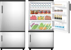Refrigerator closed and opened door with lots of food vector