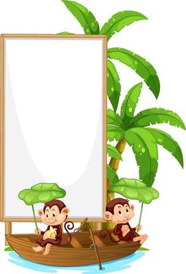 Blank wooden signboard with monkey catoon