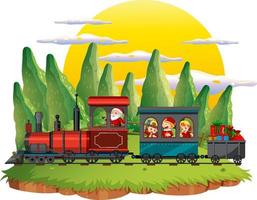 niños en un tren con escena natural vector