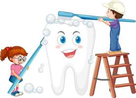 niños felices cepillando un diente grande con un cepillo de dientes sobre fondo blanco vector