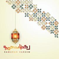 diseño lujoso ramadan kareem con caligrafía árabe, luna creciente, linterna tradicional y fondo islámico de textura de patrón de mezquita. ilustración vectorial