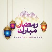 diseño lujoso y elegante ramadan kareem con caligrafía árabe, linterna tradicional y mezquita de puerta colorida de gradación para saludo islámico vector