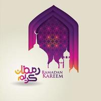 diseño lujoso y elegante ramadan kareem con caligrafía árabe, linterna tradicional y mezquita de puerta colorida de gradación para saludo islámico vector