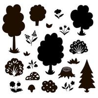 conjunto vectorial en blanco y negro con árboles de jardín o forestales, plantas, arbustos, arbustos, siluetas de flores. bosque de primavera o ilustración negra de granja. colección de iconos de vegetación de sombra natural vector