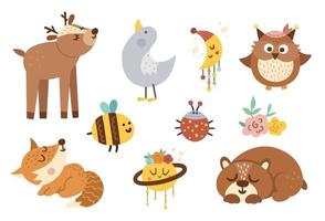 Vector woodland baby animals, insects and birds collection. Boho forest set. Bohemian little fox, owl, bear, deer, ladybug, goose with flowers, planet, half moon. Celestial pack with cute characters.