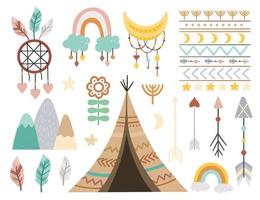 Vector boho elements collection. Bohemian half moon, wigwam, dream catcher, flowers, arrows, pattern, feathers isolated on white background. Celestial icons pack.