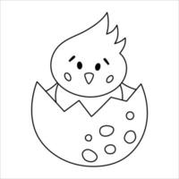 icono de anidamiento de gallina en blanco y negro vectorial. pequeña ilustración de contorno de pájaro de granja. lindo dibujo de línea de pollo recién nacido sentado en cáscara de huevo aislado sobre fondo blanco. vector