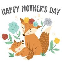 Vector Mothers Day card with cute boho elements. Pre-made design with woodland baby fox with mother. Bohemian style poster with animal family and flowers on white background.