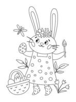Vector black and white Easter bunny icon. Rabbit girl in dress with brush, egg, basket, dragonfly isolated on white background. Cute animal for kids. Funny outline spring hare picture.
