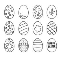 juego de huevos blancos y negros de Pascua vectorial. elementos decorativos planos de primavera. colección de iconos de contorno de vacaciones aislado sobre fondo blanco vector