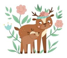 Vector Mothers Day card with cute boho animal. Pre-made design with woodland baby fawn with mother. Bohemian style poster with deer family and flowers on white background.