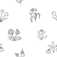 vector lindo blanco y negro flores de primavera patrón sin costuras. repitiendo el fondo con las primeras plantas en flor. esbozar papel digital floral. tulipanes, diente de león, campanillas, narcisos, textura de lirio.