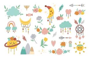Vector boho elements collection. Bohemian half moon, planet, dream catcher, flowers, arrows, cloud isolated on white background. Celestial icons pack with cute characters.