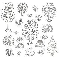 conjunto vectorial en blanco y negro con árboles de jardín o forestales, plantas, arbustos, arbustos, flores. delinear el bosque de primavera o la ilustración de la granja. colección de iconos de vegetación de dibujo de línea natural vector