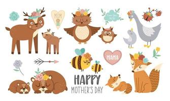 Vector boho baby animals with parents. Funny woodland animal scenes showing family love. Cute Mothers Day design elements collection. Mother and child clipart for card, print, poster
