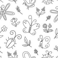 Vector black and white insect and first flower seamless pattern. Funny spring garden repeating background. Cute outline ladybug, butterfly, beetle, dandelion digital paper for kids.