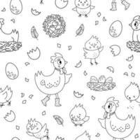 Vector seamless pattern with cute hen, little chicks, eggs, nest. Spring or Easter funny repeating background for kids. Farm bird digital paper