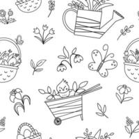 Vector cute black and white garden or Easter seamless pattern. Repeating background with wheel barrow, watering can, eggs, first flowers and plants. Outline spring digital paper for kids.