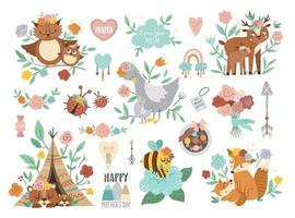 Vector boho baby animals with parents. Funny woodland animal scene showing family love. Cute big Mothers Day design elements collection. Mother and child clipart for card, print, poster