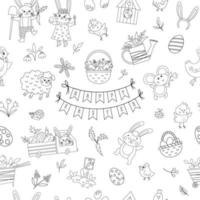 Black and white seamless pattern with Easter design elements. Vector repeating background with cute bunny, eggs, bird, chicks. Spring outline funny digital paper. Traditional holiday texture