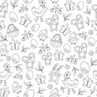 vector blanco y negro personajes de pascua patrón sin costuras. fondo repetitivo de primavera. Lindo papel digital animal de contorno para niños. textura divertida con pollo, gallina, mariposa, huevo, flores