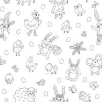 Vector Easter characters seamless pattern. Spring birds and insects repeating background. Cute animal digital paper for kids. Funny bunny family, chicks, hen, sheep, butterfly