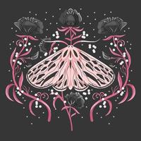 Moth and floral motifs, pattern design in symmetry. Colorful flat vector illustration with moth, flowers, floral elements and stars.