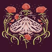 Moth and floral motifs, pattern design in symmetry. Colorful flat vector illustration with moth, flowers, floral elements and stars.