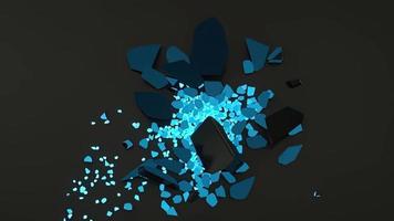 Cube shattering into glowing bits destruction video 3d animation