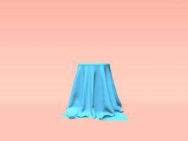 podio, pedestal o plataforma cubierta con tela azul sobre fondo rosa. ilustración abstracta de formas geométricas simples. representación 3d foto