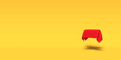 Podium, pedestal or platform covered with red cloth on yellow background. Abstract illustration of simple geometric shapes. 3D rendering. photo