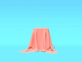 Podium, pedestal or platform covered with pink cloth on blue background. Abstract illustration of simple geometric shapes. 3D rendering. photo