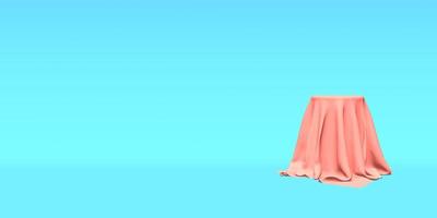 Podium, pedestal or platform covered with pink cloth on blue background. Abstract illustration of simple geometric shapes. 3D rendering. photo