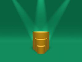 Podium, pedestal or platform gold color illuminated by spotlights on green background. Abstract illustration of simple geometric shapes. 3D rendering. photo