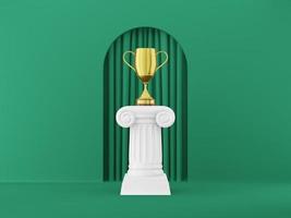 Abstract podium column with a golden trophy on the green background with arch. The victory pedestal is a minimalist concept. 3D rendering. photo