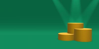 Podium, pedestal or platform gold color illuminated by spotlights on green background. Abstract illustration of simple geometric shapes. 3D rendering. photo