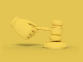 Cartoon hand is holding a judge's gavel. Illustration on yellow color background. 3D-rendering. photo