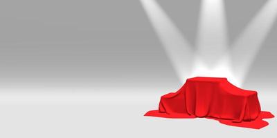 Podium, pedestal or platform covered with red cloth illuminated by spotlights on white background. Abstract illustration of simple geometric shapes. 3D rendering. photo