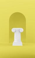 columna de podio abstracta sobre fondo amarillo con arco. el pedestal de la victoria es un concepto minimalista. representación 3d foto