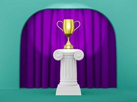 Abstract podium column with a golden trophy on the green background arch with fuchsia curtian. The victory pedestal is a minimalist concept. 3D rendering. photo
