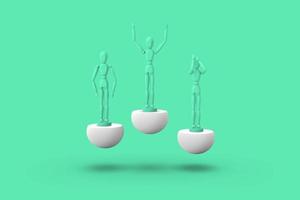 Three toy man of green color on a sports abstract pedestal. photo