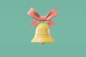 campana con una cinta sobre un fondo verde claro en estilo de dibujos animados. ilustración del concepto de tarjeta de navidad, felicitación, invitación. representación 3d foto