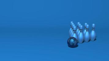 Bowling skittles stand a pyramid. Stylish minimal abstract horizontal scene, place for text. Trendy classic blue color. 3D rendering photo