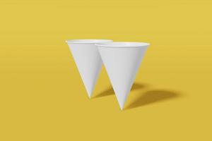 Set of two white paper mockup cups cone shaped on a yellow background. 3D rendering photo