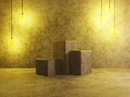 Abstract pedestal podium or platform - concrete cubes on the concrete background with vintage lamps. 3D rendering photo