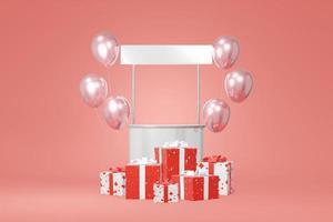 Festive booth promotion stock white gift box mockup, balloon red background. Advertising store sale. Concept black friday, christmas, new year. 3D rendering photo